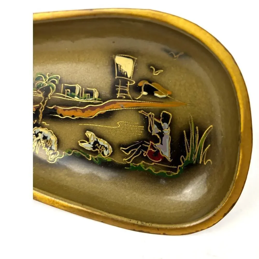 VTG N. Oppenheim Israel Hand Burnished Wall Hanging Trinket Tray Tin Gold‎